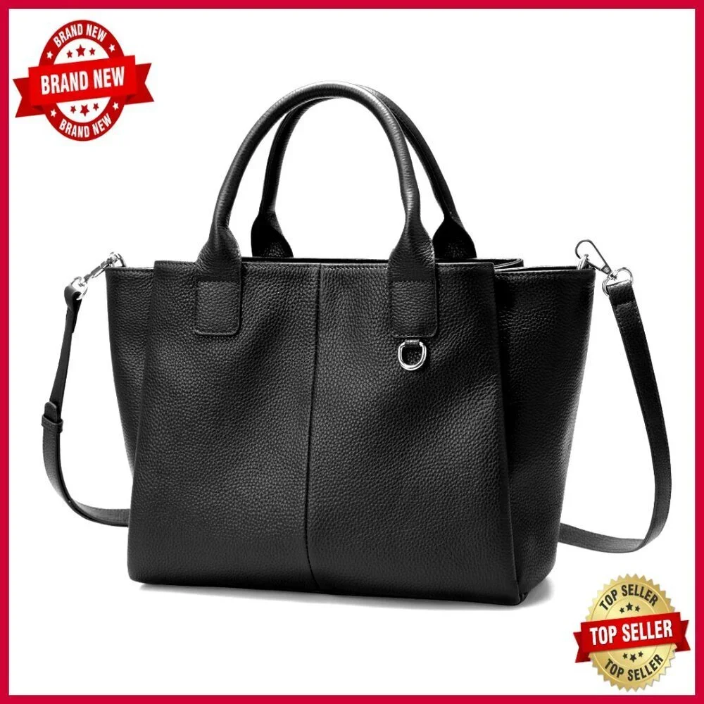 Genuine Leather Satchel Tote with Triple Pockets, Adjustable Crossbody Strap